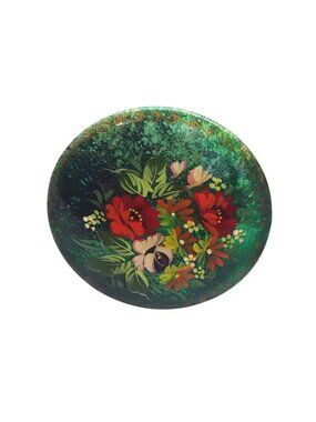 Vtg Russian Lacquer Brooch -Hand Painted Flowers Signed 2" Green Red